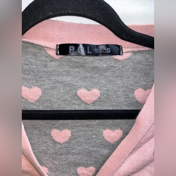 POL Women's Size S Pink With Gray Hearts V-neck Cardigan Buttons Down Sweater - Picture 2 of 4